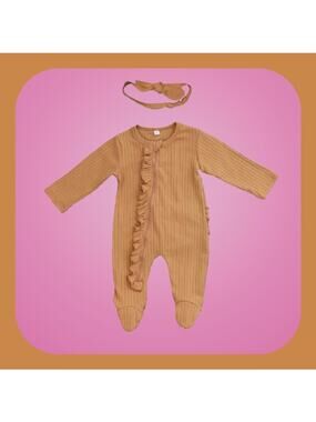 2 Piece Infant Girls Tan or Beige Ruffled Romper with Headband Set 0-3 Months